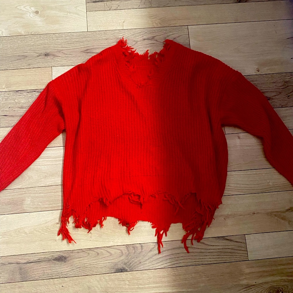 Red V Neck Distressed Sweater